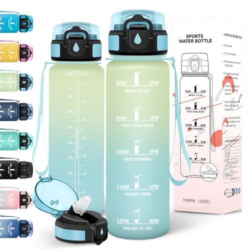 Motswedi Borraccia 1 litro, a Prova di Perdite, Borraccia Palestra, senza BPA, Borracce con Cannuccia, 2 Tappi, Bottiglia Acqua, Borracce 1 litro, Per Scuola, Ufficio, Sport, Bianco Sporco Azzurro