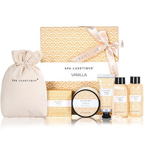 SPA LUXETIQUE Set da Bagno Regalo Donne – Set per la Cura Della Vaniglia con 6 Pezzi in Gel Doccia di Dimensioni da Viaggio, Crema per le Mani, Borsa di Lino con Coulisse, Regalo Festa della Mamma
