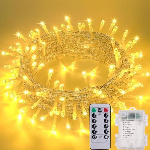 Litark Luci Natale Esterno Batteria,10 M 100 LED Luci Albero Di Natale 8 Modes con Telecomando, Funzione di Timer, Dimmerabile,Esterno/Interni Lucine Decorative per Balcone Feste Natale(Bianco Caldo)