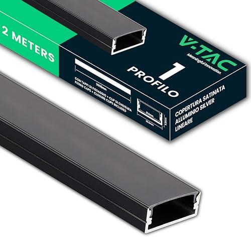 V-TAC 1 Profilo per Strisce Led da 2 METRI in Alluminio Nero - (2 Metri Totali) - Profili per Strisce LED con Copertura Opaca Nera - Misure 23,5 x 9,8 mm - Apertura 21,5 mm