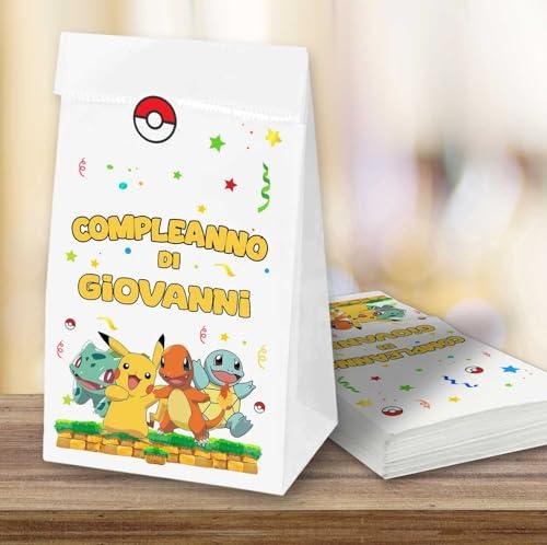 25 Sacchetti Regalo personalizzati compleanno fine festa bambini + 25 adesivi chiudibusta, Sacchetti di Carta per alimenti - Sacchettini Compleanno per confezione Regalini fine festa PiK