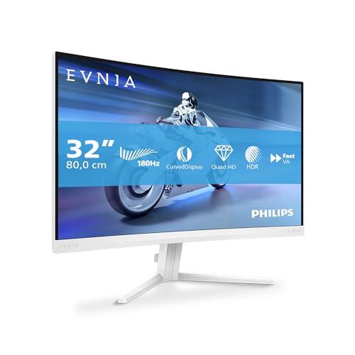 PHILIPS Evnia 32M2C5501 - Monitor gaming curvo QHD da 32 pollici, 180 Hz, 1 ms GtG, FreeSync Premium (2560x1440, 2x HDMI 2.0, 1x DisplayPort1.4) bianco