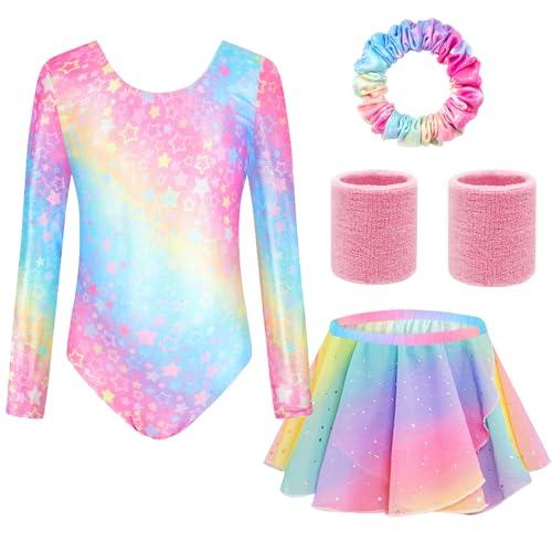 TOSZOLY Body Ginnastica Artistica Bambina, Set 5 Pezzi con Body Maniche Lunghe, Gonna da Balletto, Fascia Capelli, Polsini, Completo per Ginnastica, Danza e Spettacoli, 4-9 Anni