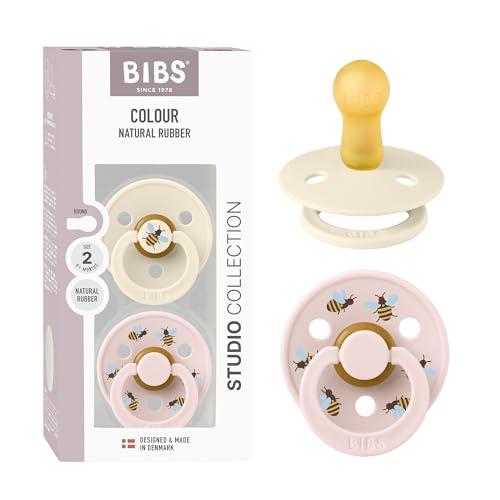 BIBS Colour Studio Ciuccio confezione da 2 pezzi. Privo di BPA, Tettarella tonda. Lattice di gomma naturale, Prodotto in Danimarca, Taglia 2 (6-18 mesi), Ivory/Petal