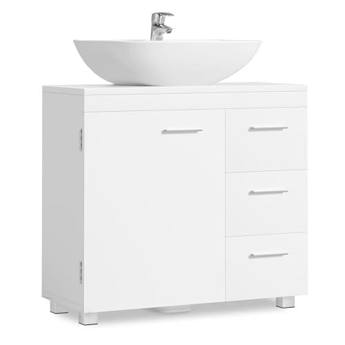 VASAGLE Mobile Sottolavabo per Bagno, Mobiletto da Bagno, 3 Cassetti Laterali, 2 Scomparti dietro l'Anta, per Lavabi con Colonna, con Piedini, 30 x 70 x 64 cm, Bianco Nuvola BBK504W01