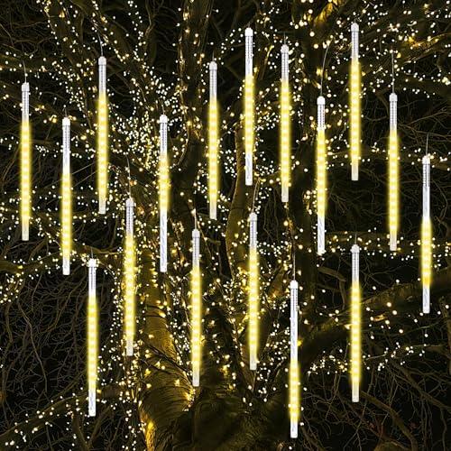 Vikdio Luci di Natale all'aperto, Pioggia di Meteoriti Luminosi 16 Tubi Spiralati (30cm 480 LEDs) Lunghezza di 5,25m, Luci ghiacciolo impermeabili per Decorazioni natalizie all'aperto, Bianca Caldo