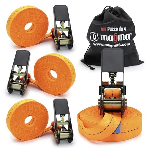 MAGMA 4 Cinghie con Cricchetto 6m | Cinghia Fissaggio Portapacchi e Rimorchi | Cinghie di Carico Regolabili per Kayak, Tavola da Surf, Canoa, Bici, Moto | Carico di Rottura: 1600kgf/pz | Arancione