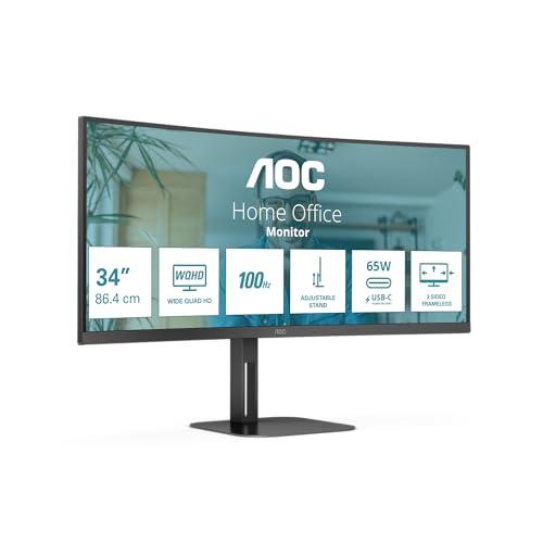 AOC CU34V5CW - Monitor curvo WQHD da 34 pollici, webcam da 2 MP, altoparlante, altezza regolabile (3440 x 1440, 100 Hz, HDMI, DisplayPort, USB-C, hub USB) Nero