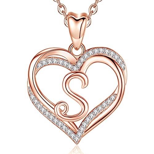INFUSEU Collana Iniziale Cuore da Donna, Ciondolo Lettera S in Oro Rosa, Gioielli Cubic Zirconia CZ per Regali per Fidanzata, Moglie, Mamma, Catena da 20 Pollici