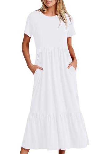 shownicer Vestito Donna Casual Maniche Corte Abiti Estivi Vita Alta Midi Vestito con Tasche A-Line Vestito con Volant Elegante Cotone Abito A Bianco L
