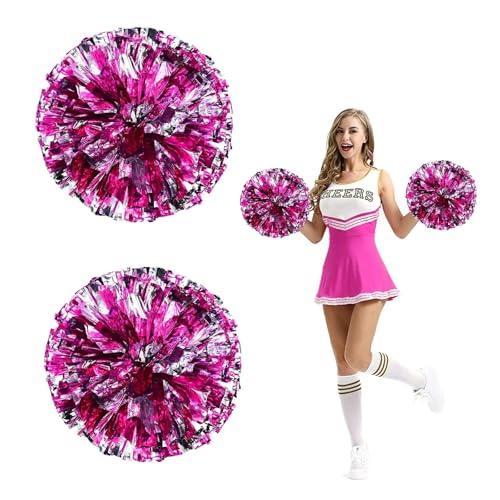 JRYGAC 2 Pezzi Pom Poms Cheerleader, Pom Cheerleader Pom Pom con Manico, Metallico Cheerleading Pompons Pallina di Fiori per Riunione Sportiva, Stadio, Festa, Vacanze (Rosa Rossa, Argento)