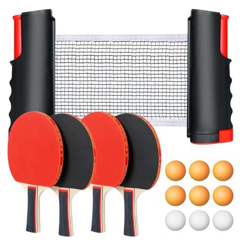 flintronic Set di Racchette da Ping Pong, Ping Pong Set da Tavolo Portatile, con Rete da pingpong Retrattile, 4 Racchette da pingpong, 9 Palline, 2 Borsa in Rete, per Bambini, Famiglie (Rosso)