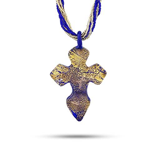 Venetiaurum - Collana con Grande Croce Blu in Vetro Originale di Murano e Argento 925 - Gioiello Made in Italy Certificato