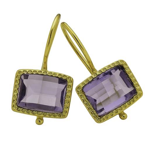 Orecchini in Argento 925 Placcato Oro con Ametista Rettangolare Taglio a Gradino - Design Geometrico Elegante con Pietra Naturale