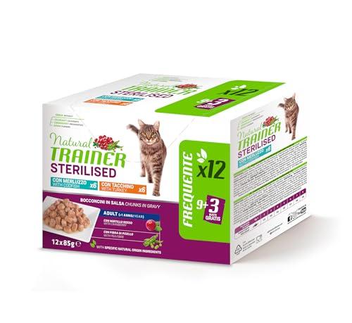 Natural Trainer Cibo Umido per Gatti Adulti Sterilizzati, Multipack Tacchino e Merluzzo, 12 x 85 g