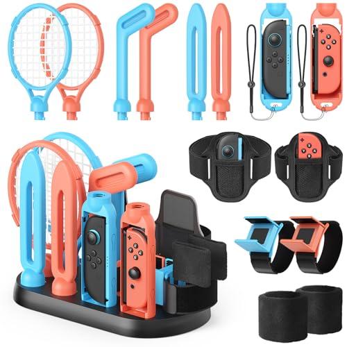 Pacchetto accessori sportivi per Nintendo Switch 2/Switch 1 con Station, Racchette da tennis, Club da golf, Spade di Chambara, Cinturine per gambe da calcio, Cinturine Accessori Game Kit per Joy-Con 2