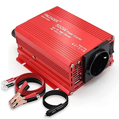 Yinleader Inverter 500W 12v 220v LED, Power Inverter di Potenza 500W DC 12V AC 230V Invertitore di Corrente con 2 Porte USB 2.4A, Trasformatore per Auto Camper tablet phone fan Computer