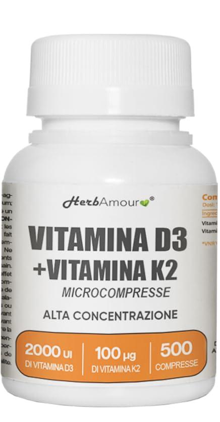 VITAMINA D3 K2 (Dura 1 anno e 4 mesi) 500 Micro-Compresse Alto Dosaggio e Assorbimento I Vitamina D3 Da 50 µg Da 2.000 U.I. + Vitamina K2 Da 100 µg | Senza Glutine, Lattosio, Zuccheri e Soia