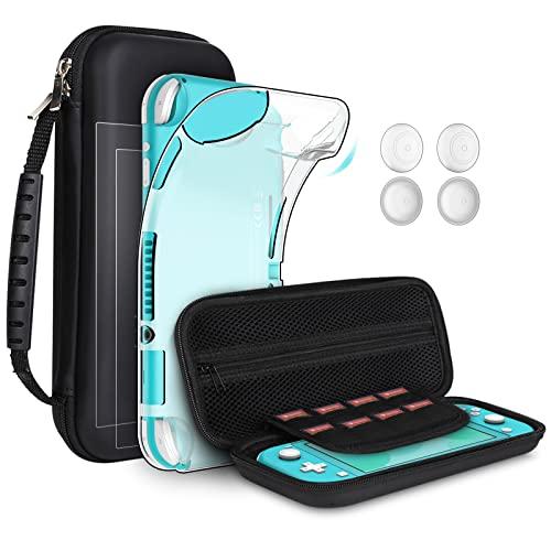 8pcs GeeRic Custodia Compatibile per Switch Lite, 2pcs Vetro Temperato + Cover + 4 Thumb Grips + Borsa Accessori 8 in 1 Kit Compatibile con Switch Lite Nero