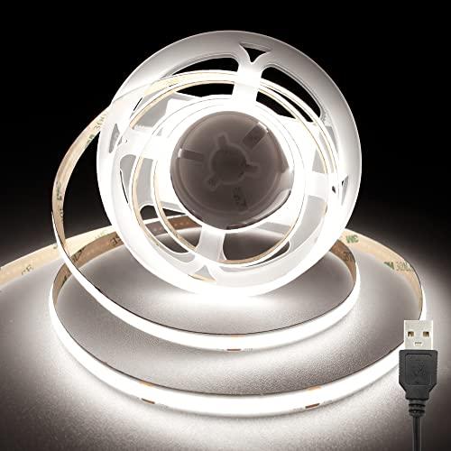 Striscia LED COB USB 2M, 5V 6000K LED Striscia con 320LEDs/M, CRI 90+, larghezza 8mm, Luci led Striscia Bianche Freddo per retroilluminazione TV, Specchio, Armadio, Scala, Decorazione Domesticass