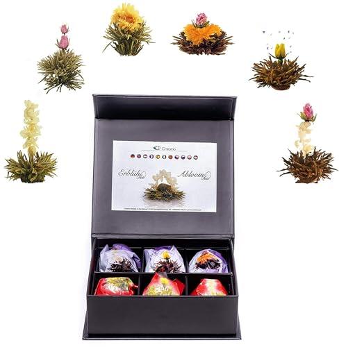 Creano 6x Fiori di Tè Nero è Bianco in Scatola Regalo Magnetica con Goffratura Argento – Set Elegante di Tè Fiorito, Perfetto come Idea Regalo Premium