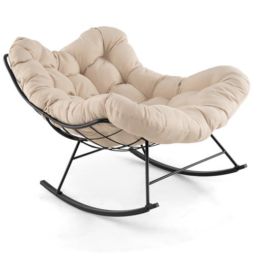 COSTWAY Sedia a Dondolo, Poltrona Relax Ergonomica, Poltrona Sovradimensionato con Cuscino Imbottito, Sedia a Uovo con Struttura Metallica, per Soggiorno Portico Giardino, Portata 205 kg (Beige)