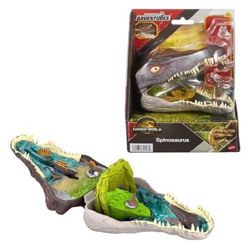 ​Mattel Jurassic World La Rinascita Micro Avventure, playset con testa di Spinosauro che si apre con 4 funzionalità interattive, 3 micro personaggi, dinosauro giocattolo, JGB98