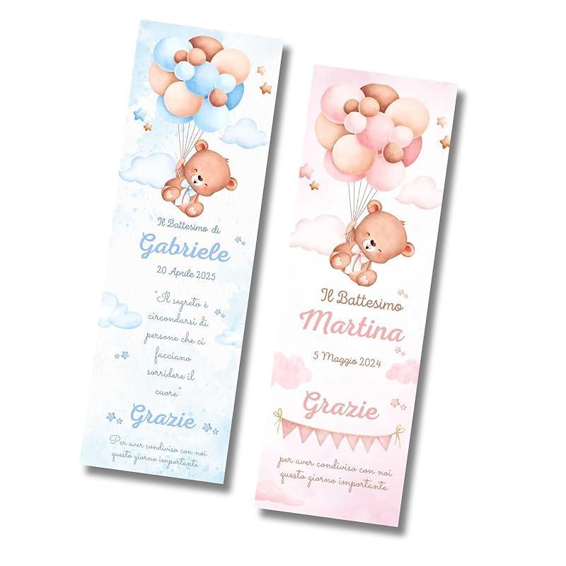 30× Segnalibri Battesimo Orsetto – Personalizzati con Nome/Data – Cartoncino 250 g – Dolce Teddy – Segnaposto & Bomboniera