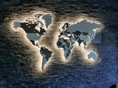 Planisfero in legno 3D con illuminazione led e supporto in plexiglass - Mappa luminosa gigante del mondo da parete, nazioni in rilievo