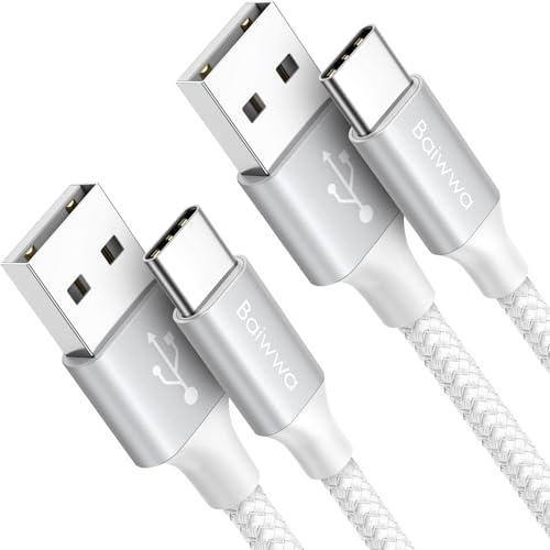 Baiwwa Cavo USB Type-C 1 Metro, 2Pezzi Cavo USB A USB C Ricarica Rapida 3,1A Nylon Cavi USBC per iPhone 15 16 Pro, Samsung Galaxy S24 S23 Plus A15 A55 -Bianco