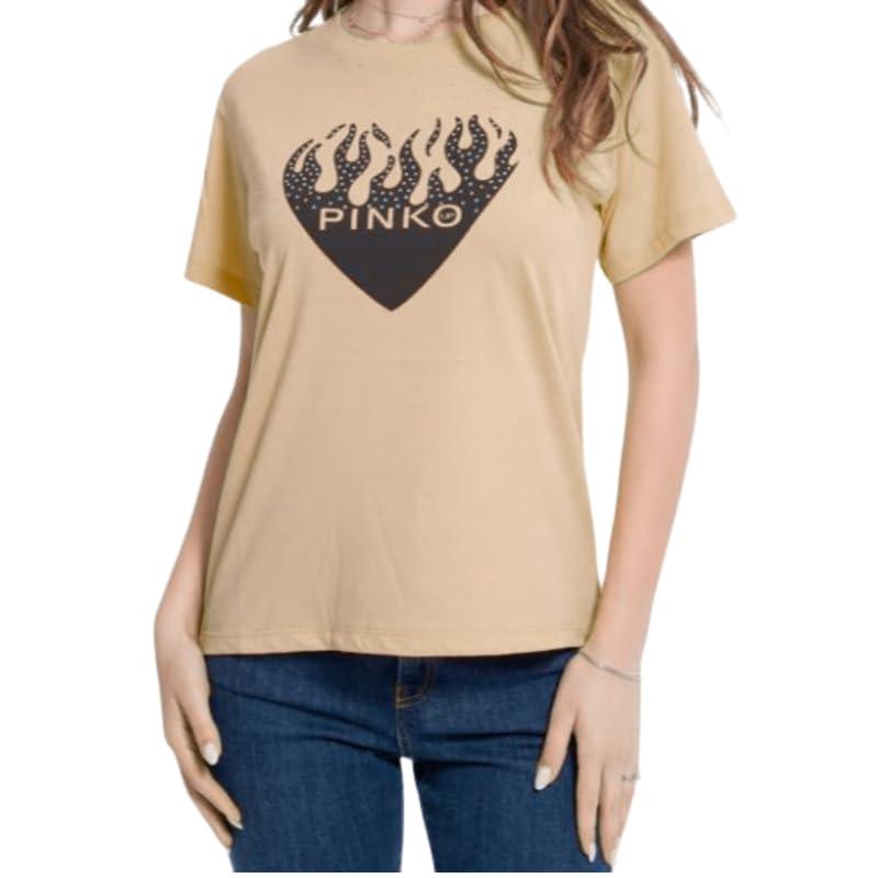 Pinko Up T-Shirt Maglietta, Donna, Cuore con Brillantini, Cotone Regular Fit (IT, Testo, S, Regular, Regular, Nocciola)