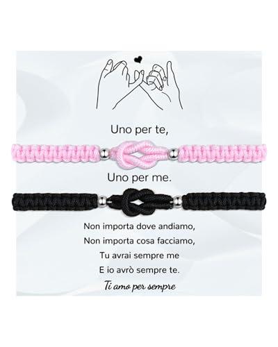 VGWON Bracciali Coppia, Bracciali Amicizia, Regalo Coppia Originale, Braccialetti Nodo D'amore, Regalo per Fidanzato, Fidanzata, Sorella, Amica, 2 Braccialetti Rosa e Nero Abbinati Fatti a Mano