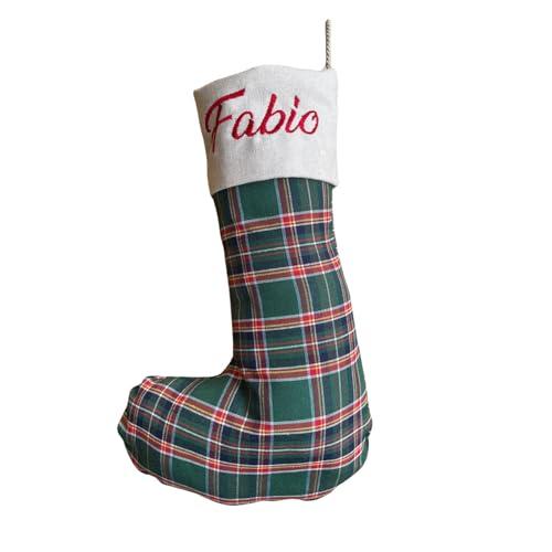 Fatto da Mani - Calza Befana Personalizzata con ricamo; Calza Natalizia Personalizzata; Calza Sartoriale Personalizzata; HappyFania (Tartan Verde)
