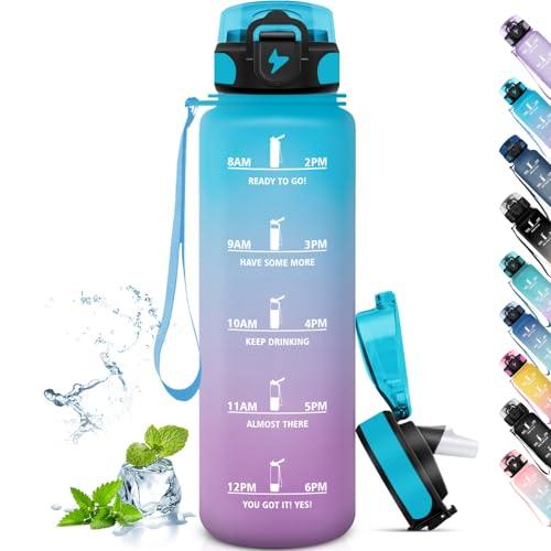 Grsta Borraccia 1 Litro Con Cannuccia - Senza Perdite, Facile da Trasportare, Con Slogan Motivazionale - Per Palestra, Sport, Trekking, Campeggi - Blu-Viola