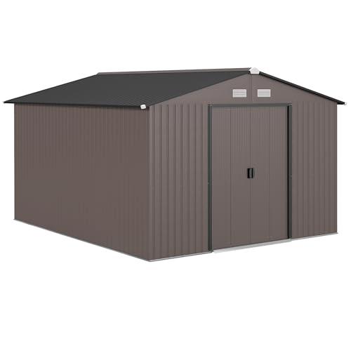 Outsunny Casetta da Giardino 8.3m² in Acciaio Zincato con Prese d'Aria, Capanno da Giardino con Tetto Inclinato, Doppie Porte Scorrevoli Bloccabili, Capanno Porta Attrezzi, 277x322x192 cm, Marrone