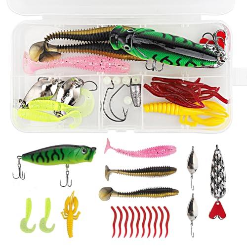 Lrocotanc Set di esche da pesca da 27 pezzi, con esche in gomma, rigide, accessori e spinner, adatto per acqua dolce e salata
