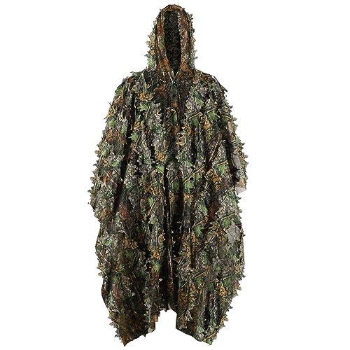 PELLOR Telo Mimetico, Ghillie Poncho Mimetico con Foglie Mantello 3D Taglia Universale per Woodland Camo Fotografia di Caccia Nascosto