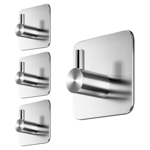 Menz Ganci Adesivi Bagno, Set di 4 - Adesivi Acciaio Inox di Alta Qualità, Appendi Porta Asciugamani Robusti, Appendi Accappatoio Bagno, Impermeabili per Cucina e Pareti, Argento