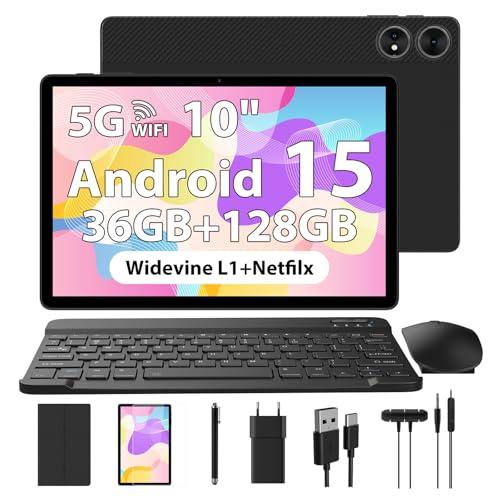 WOREGOO 10 pollici Tablet Android 15, Tablet in Offerta 36G RAM+128G ROM, 5G WiFi, Octa-Core, Widevine L1/8000mAh/1280x800 HD/5MP+8MP fotocamera con tastiera/mouse/caso, Nero