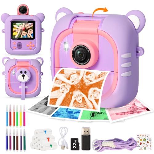 Macchina Fotografica Bambini Istantanea e 7 Rotoli Carta (4 Col: O/R/V/B+3 B&N)-2,4”Fotocamera istantanea con 32GB, 180 °Flip Obiettivo, Regalo di Natale e Compleanno per Bambini per 3-12,M2