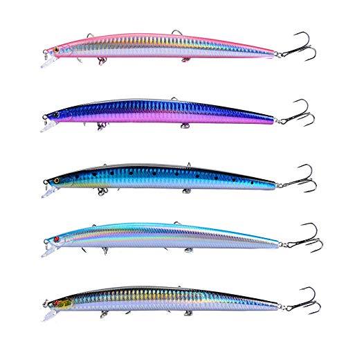 Hitchuey Set di 5 esche Minnow, 18 cm, 24 g, esche per acqua salata e acqua dolce, pelle realistica con occhi 3D e palline sonore, ganci forti per la pesca di pesce persico, snook e pesce persico
