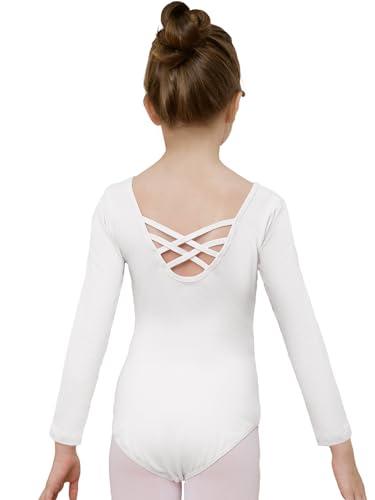 zffriction Body da Danza Classica per Ragazze Body da Ginnastica in Cotone a Maniche Lunghe da Donna Body da Danza Sportiva Nero Bianco per Bambini Piccoli Adulti (Bianco, 160)