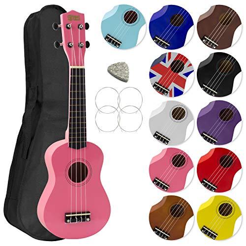 Mad About SU8-PK Ukulele soprano in rosa con custodia morbida, plettro e corde di ricambio, Ora dotato di corde in carbonio nere che offrono un suono più brillante
