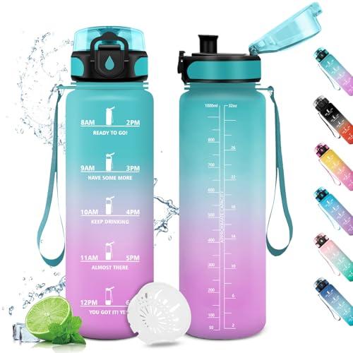 Borraccia 1L, Borraccia con Indicatore del Tempo Motivazionale, Bottiglia con Filtro, Bottiglia Riutilizzabile, a Prova di Perdite, Borracce per Bambini, Sport, Palestra, Scuola, Gym, Ufficio, Yoga