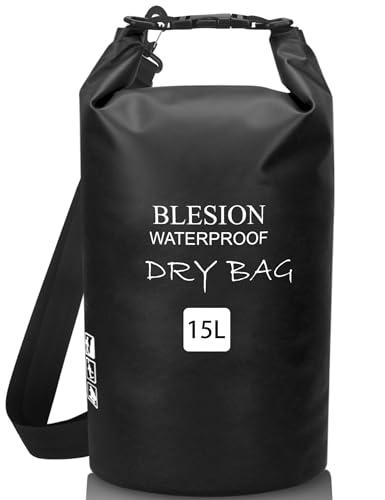 BLESION Borse Impermeabile, Sacca Impermeabile, Dry Bag 5L 10L 15L 20L 30L con Tracolla Regolabile per Spiaggia Sport d'Acqua Trekking Kayak Canoa Pesca Rafting Nuoto Campeggio (Nero, 10L)