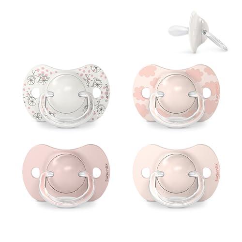 Suavinex, Confezione da 4 Ciucci con Tettarella in Silicone Fisiologico SX Pro, per Bambini 0-6 Mesi, Ciuccio per Neonato, con Tettarella Piatta e Flessibile, Rosa