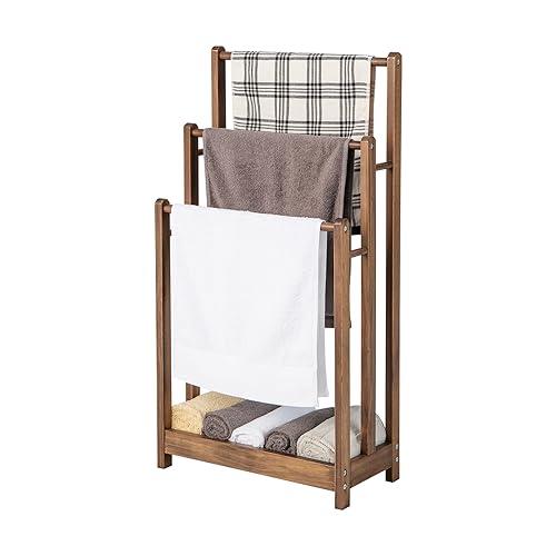 COSTWAY Portasciugamani in Legno da Terra, Porta Asciugamani a 3 Livelli con Mensola Inferiore, Dispositivo Anti-Ribaltamento, Supporto Leggero per Asciugamani da Bagno e Stanza Lavanderia (Marrone)
