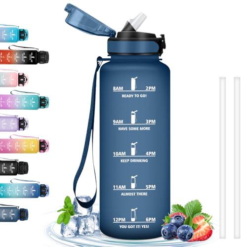 Borraccia 1,5 Litri, Borraccia con Cannuccia, Senza Perdite, Borraccia Motivazionale con Scala Temporale, Borraccia per Bere di Piu, per Sport, Fitness, Escursionismo, Ciclismo, Campeggio, Blu Navy