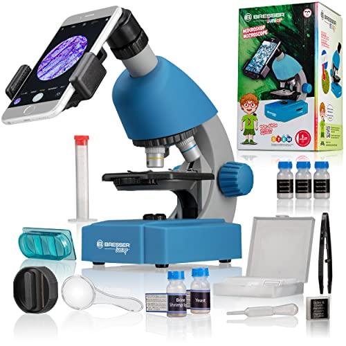 Bresser 8851300W X H000 Junior Microscopio Entry-Level 40-640 X con Illuminazione a LED a Luce Trasmessa e con 3 Lenti, Azzurro