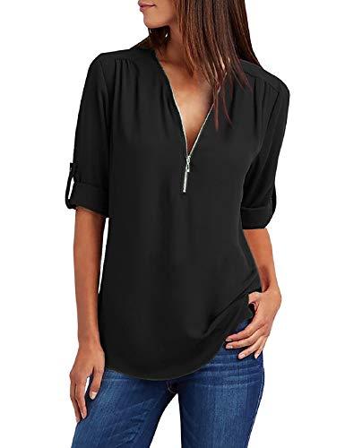 Tuopuda Magliette Donna Estive Camicette Manica Lunga Camicia Elegante Blusa Moda T-Shirt Scollo a V Top con Cerniera Tee Maglietta Casual Shirt Tinta Unita Pullover Taglie Forti, Nero, M